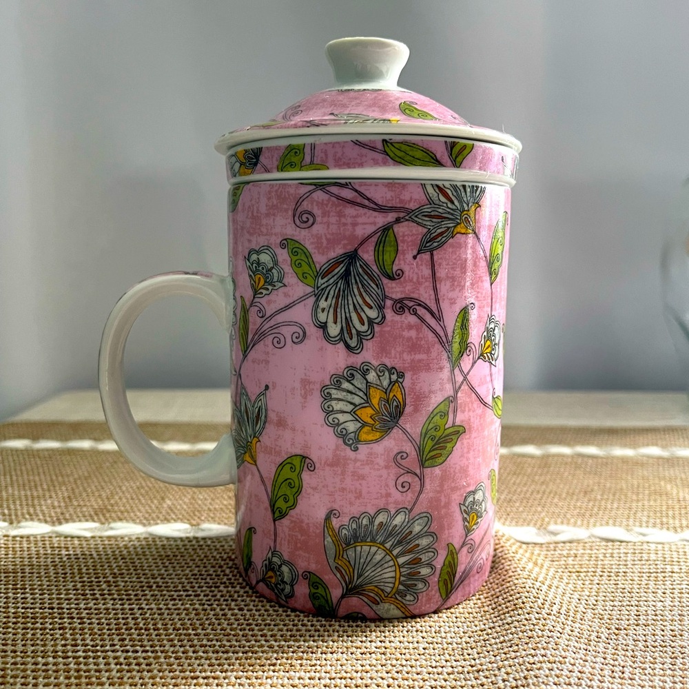 World Market Tea Cup & Infuser with Lid - 3pc Pink Flower & Leaf Floral Design